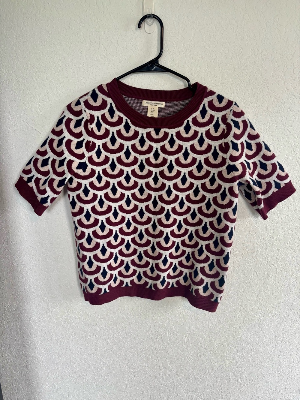 Christian Siriano Burgundy, Cream & Navy Short-Sleeve Knit Top